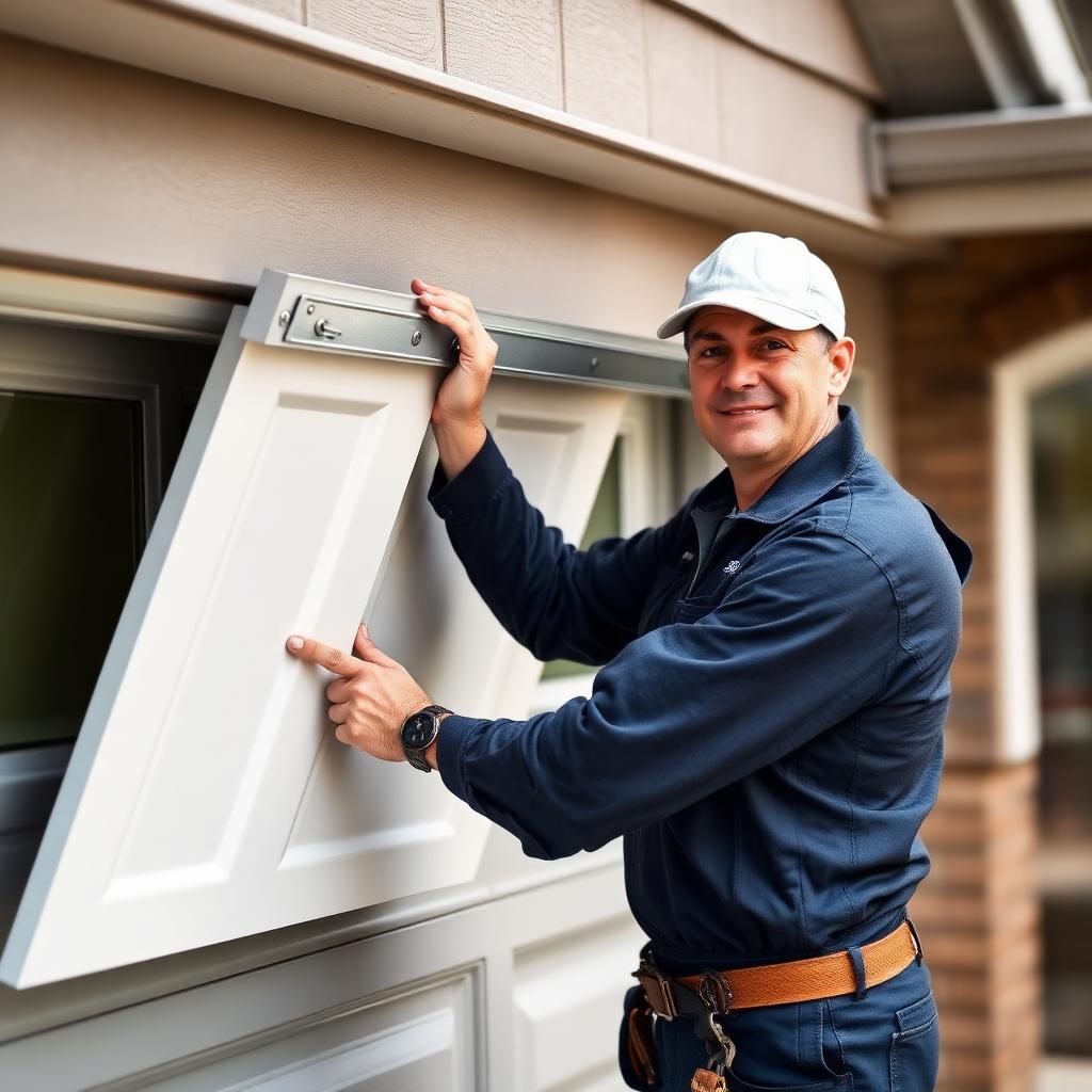 Professional garage door installer mounting a new panel in New Smyrna Beach