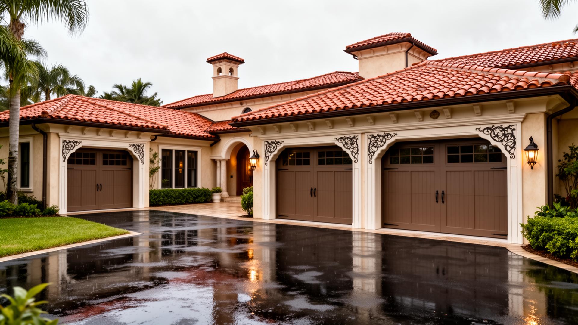 Luxury Mediterranean home with Victorian style garage doors in New Smyrna Beach